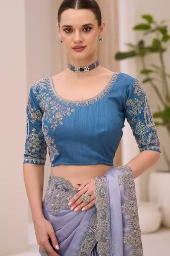 Silver shimmer satin saree with banglori work blouse