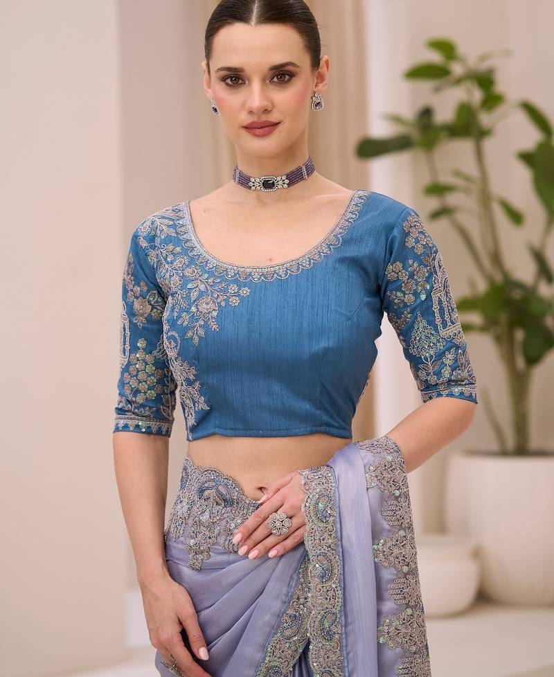 Silver shimmer satin saree with banglori work blouse