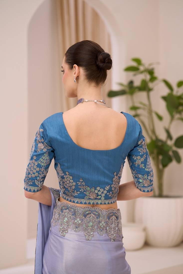 Silver shimmer satin saree with banglori work blouse