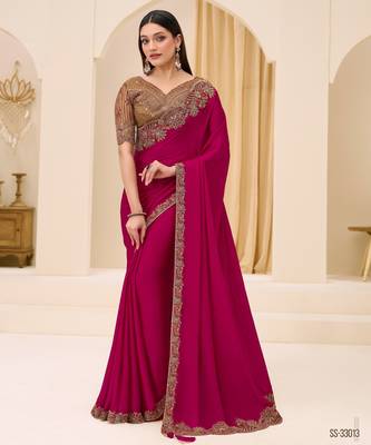 Cherry satin georgette saree with brocade zari work blouse 1