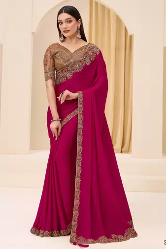 Cherry satin georgette saree with brocade zari work blouse