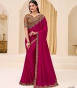 Cherry satin georgette saree with brocade zari work blouse