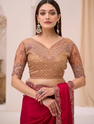 Cherry satin georgette saree with brocade zari work blouse 2