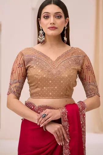 Cherry satin georgette saree with brocade zari work blouse