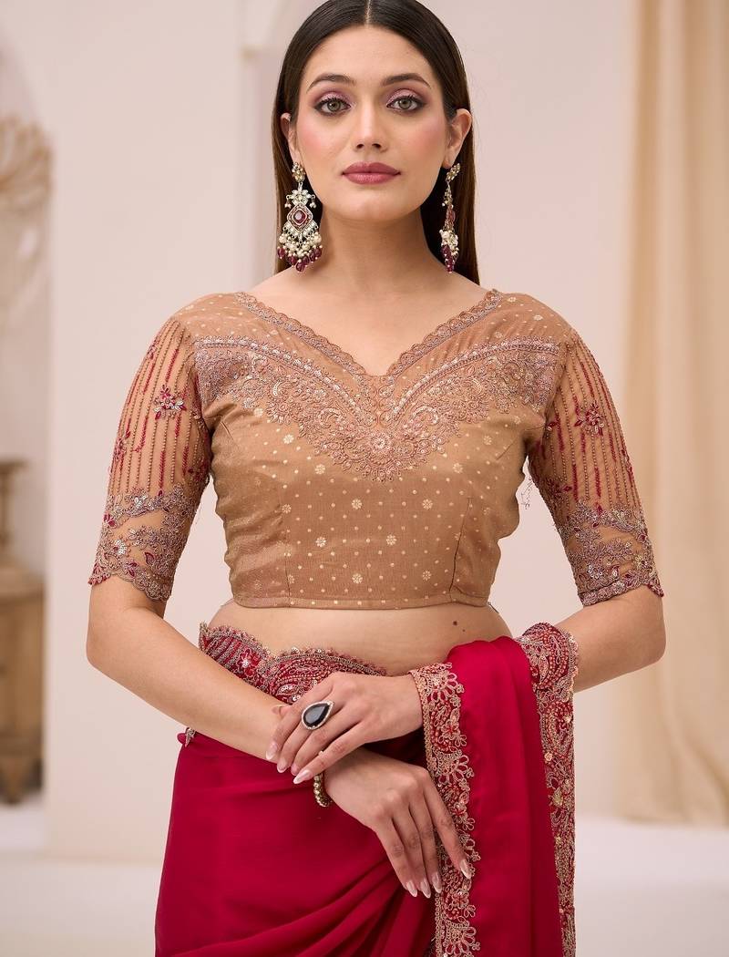 Cherry satin georgette saree with brocade zari work blouse