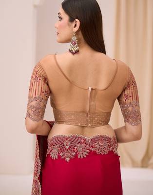 Cherry satin georgette saree with brocade zari work blouse 3