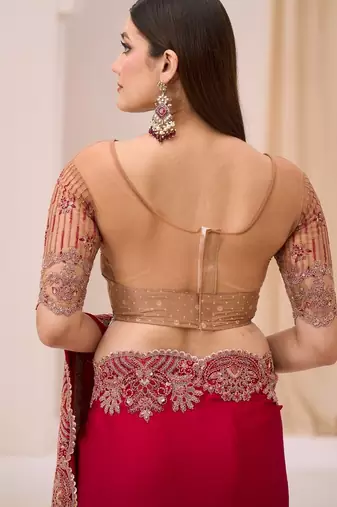 Cherry satin georgette saree with brocade zari work blouse