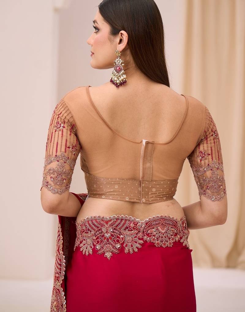 Cherry satin georgette saree with brocade zari work blouse