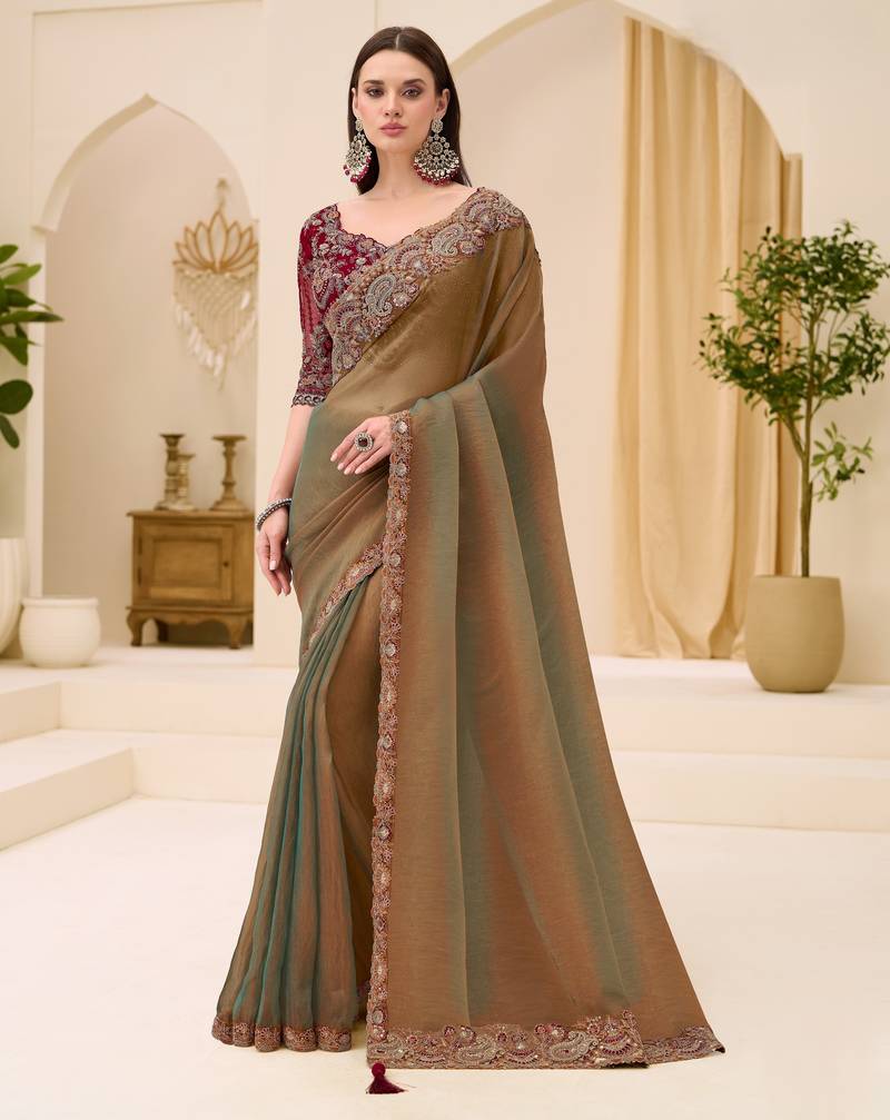 Dual shade georgette tissue saree with georgette work blouse