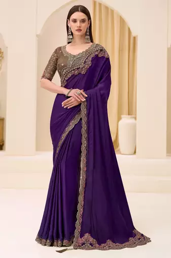 Blooming violet satin chiffon saree with brocade zari work blouse