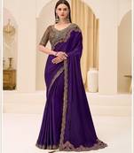 Blooming violet satin chiffon saree with brocade zari work blouse