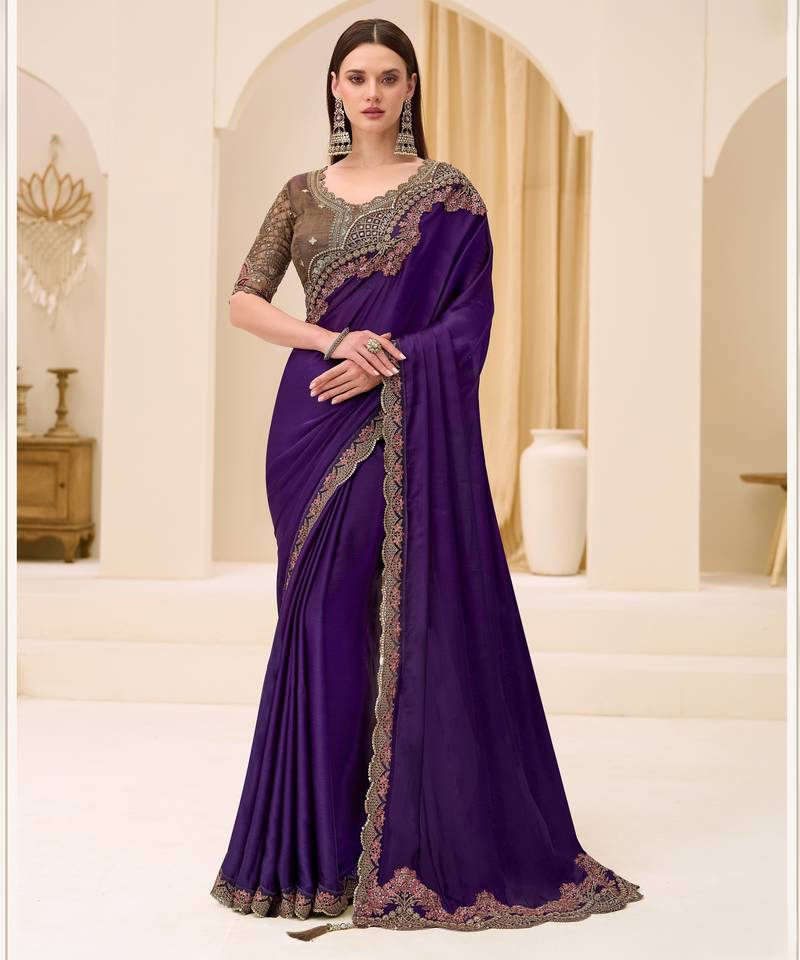Blooming violet satin chiffon saree with brocade zari work blouse