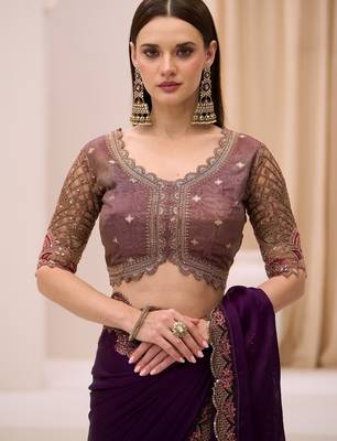 Blooming violet satin chiffon saree with brocade zari work blouse 2