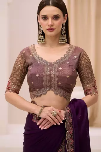 Blooming violet satin chiffon saree with brocade zari work blouse