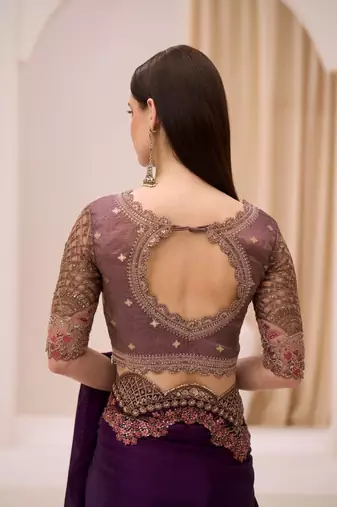 Blooming violet satin chiffon saree with brocade zari work blouse