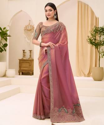 Pink tissue georgette saree with brocade zari work blouse 1