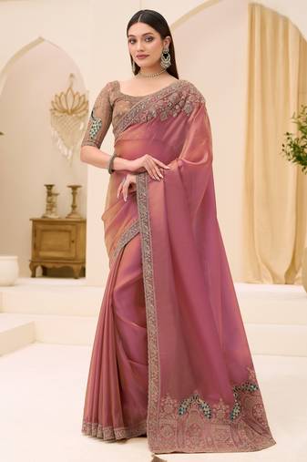 Pink tissue georgette saree with brocade zari work blouse