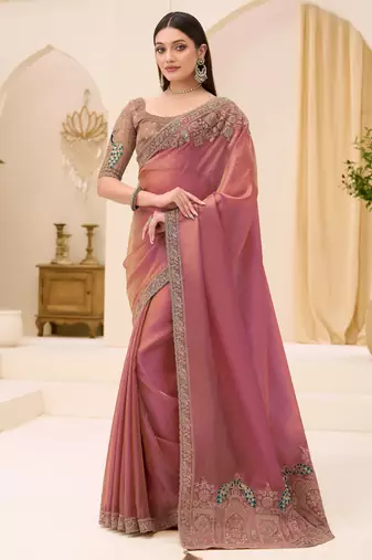 Pink tissue georgette saree with brocade zari work blouse