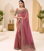 Pink tissue georgette saree with brocade zari work blouse
