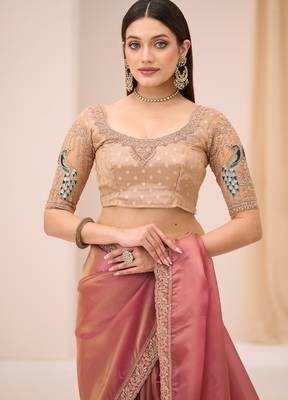 Pink tissue georgette saree with brocade zari work blouse 2