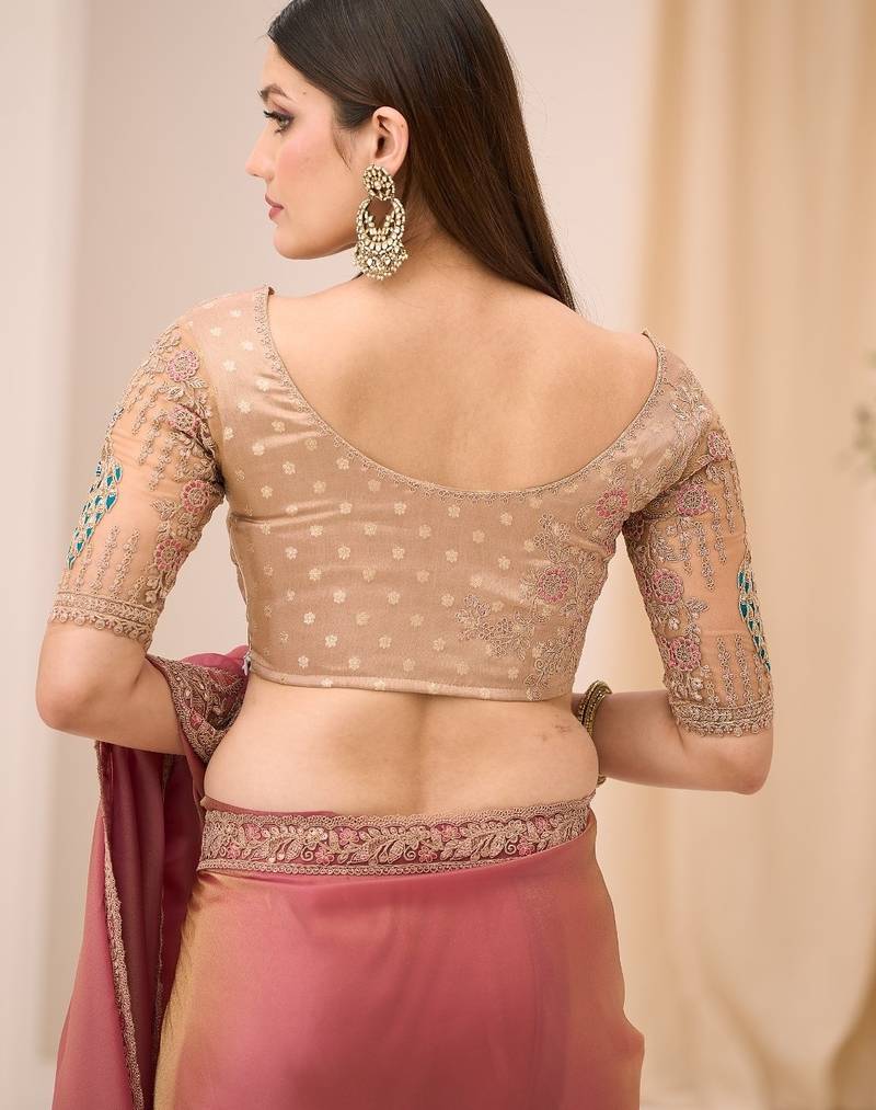 Pink tissue georgette saree with brocade zari work blouse