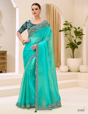 Gold blue tissue georgette saree with georgette work blouse 1