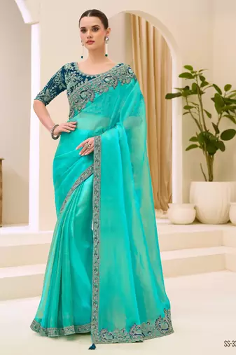 Gold blue tissue georgette saree with georgette work blouse