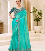 Gold blue tissue georgette saree with georgette work blouse