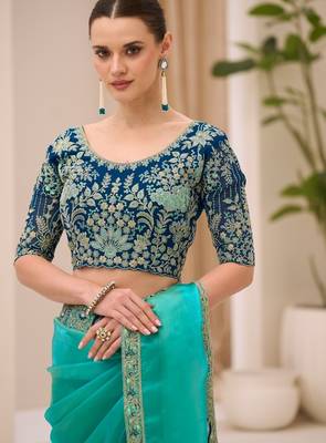 Gold blue tissue georgette saree with georgette work blouse 2