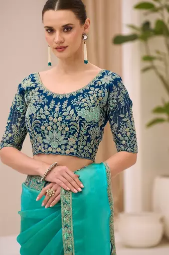 Gold blue tissue georgette saree with georgette work blouse
