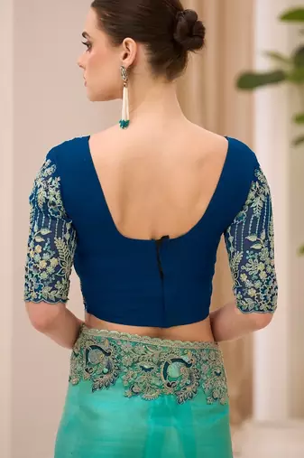 Gold blue tissue georgette saree with georgette work blouse