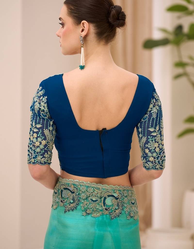 Gold blue tissue georgette saree with georgette work blouse