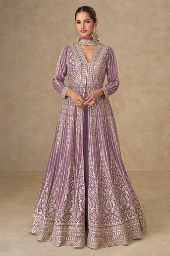 Mauve embroidered chinon free size stitched anarkali suit