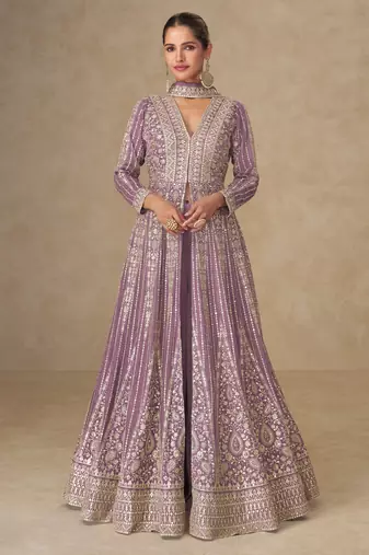 Mauve embroidered chinon free size stitched anarkali suit