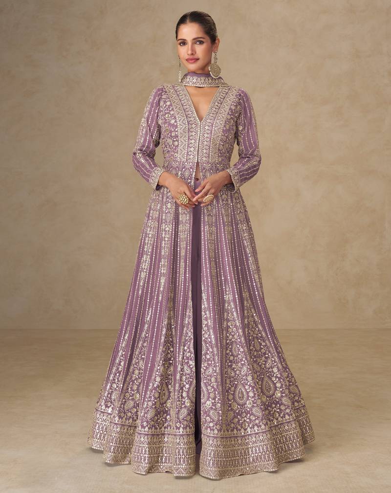 Mauve embroidered chinon free size stitched anarkali suit
