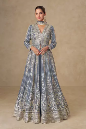 Grey embroidered chinon free size stitched anarkali suit
