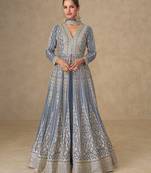 Grey embroidered chinon free size stitched anarkali suit