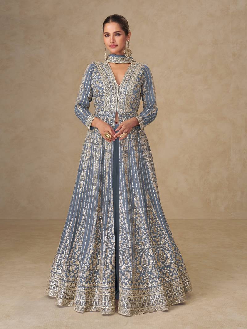 Grey embroidered chinon free size stitched anarkali suit