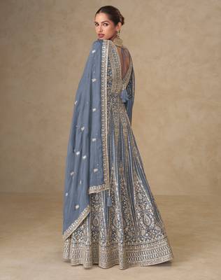 Grey embroidered chinon free size stitched anarkali suit 2