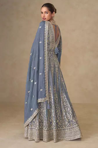 Grey embroidered chinon free size stitched anarkali suit