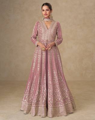 Pink embroidered chinon free size stitched anarkali suit 1