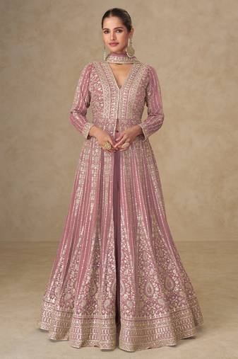 Pink embroidered chinon free size stitched anarkali suit