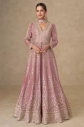 Pink embroidered chinon free size stitched anarkali suit