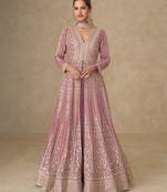 Pink embroidered chinon free size stitched anarkali suit