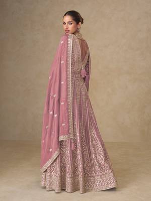 Pink embroidered chinon free size stitched anarkali suit 2