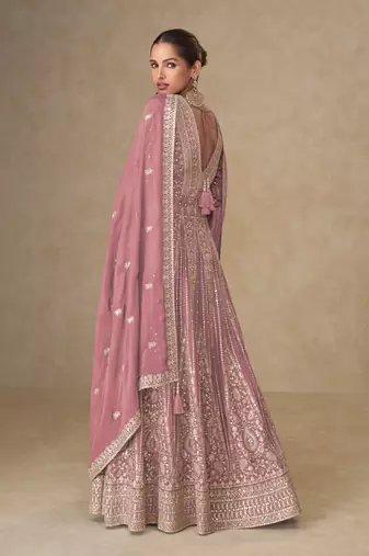 Pink embroidered chinon free size stitched anarkali suit