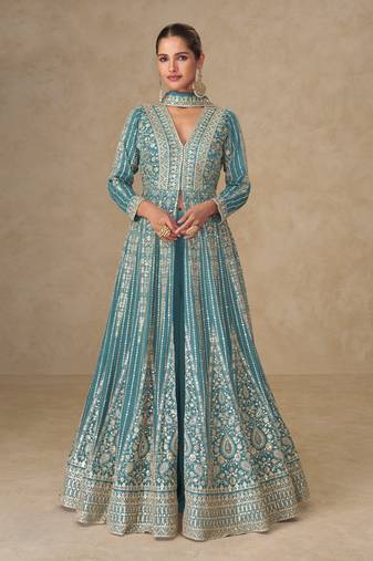 Sky embroidered chinon free size stitched anarkali suit