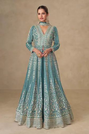 Sky embroidered chinon free size stitched anarkali suit