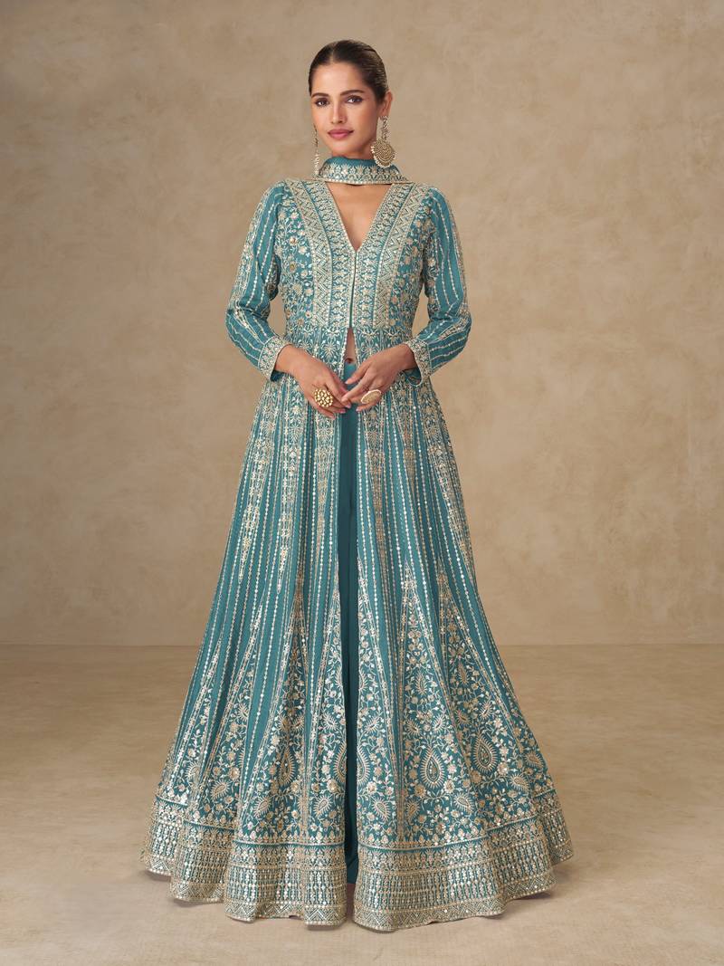 Sky embroidered chinon free size stitched anarkali suit