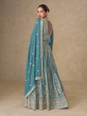 Sky embroidered chinon free size stitched anarkali suit 2